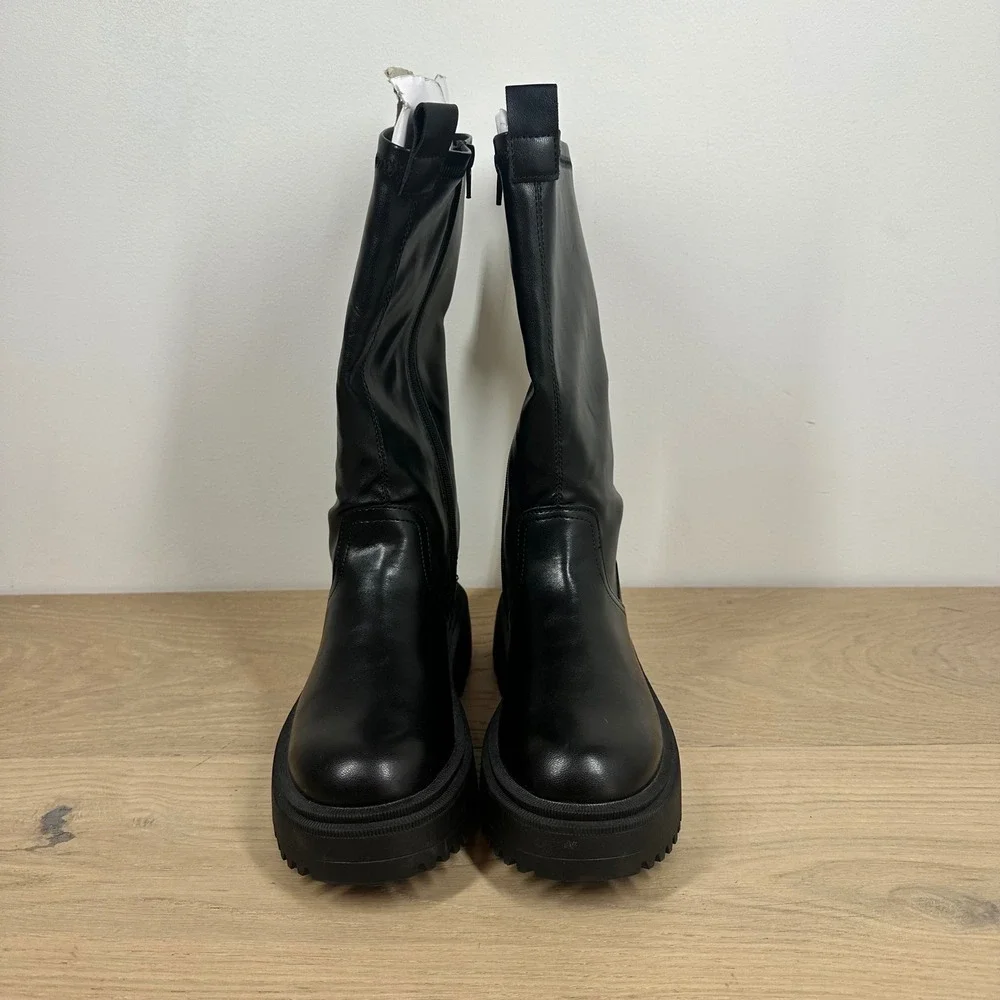 NWT Zara Boots Kids 2 Black Mid Calf Chunky Platform Lug Sole Moto Combat